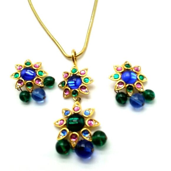 VTG SHAKIRA CAINE Indian Mughal Necklace & Matching Clip-on Earrings Glass Stone - Picture 15 of 16